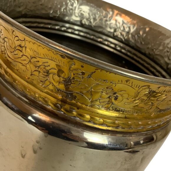 Vintage Round Metal Waste Basket With Embossed Brass Trim Made In India - Picture 4 of 7